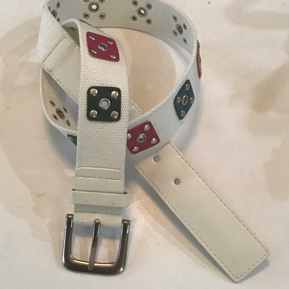 Vintage Y2K Colorful Belt White Canvas Silver Hardware Size M